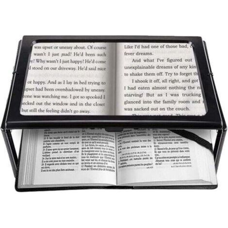 Reading magnifier with 4 LED lights, 3x magnification, illuminated rectangular A4 magnifier with stand, lamp for books, visually impaired, elderly, sewing, jewelry (1/4)