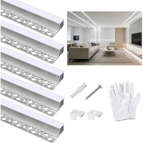 Profile Encastrable Placo Alu pour Ruban LED, 10 Pièces 1,4 m Profilé en Aluminium LED de Carrelage Encastré avec Couvercle Laiteux, Embouts pour Cloison Sèche, Plafond, Mur, Bords Carrelage (14 m) (1/5)