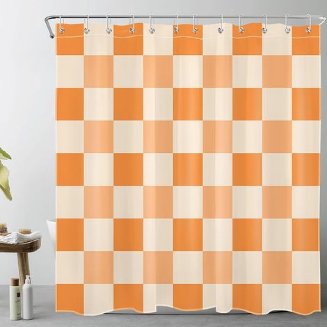 Damier Orange Rideaux de Douche 180x180cm Beige Plaid Rideaux de Bain avec Crochets,Géométrique Abstrait Imperméable Polyester Anti Moule Salle de Bain Décor (1/5)