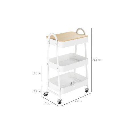 Chariot de cuisine 3 étages en métal avec grand rangement et couvercle pour cuisine et bureau, acier blanc 45x31x79,4cm (1/5)