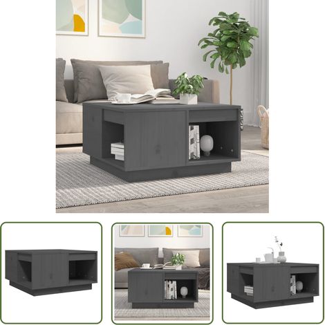 The Living Store Table basse Gris 60x61x32,5 cm Bois massif de pin - Table Basse - Meuble Salon - Table D'appoint - Table Bois - Design Moderne (1/5)