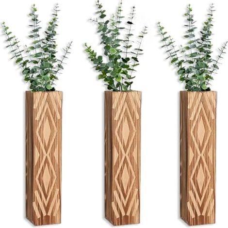 Ensemble de 3 vases muraux en bois - Jardinières suspendues avec finition marron rustique, décoration moderne pour fleurs et plantes artificielles (B) (1/5)