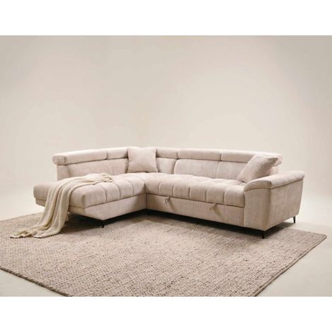 Camille - canapé d'angle gauche 5 places convertible avec têtières et coffre en velours texturé - beige (1/5)