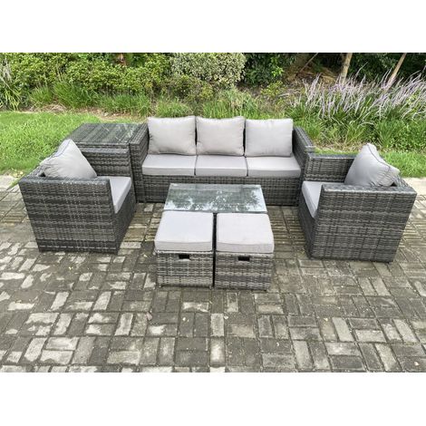 Fimous Rattan Garden Furniture Set with 3 Seater Sofa Coffee Table Side Table 2 Armchairs 2 Small Footstools Indoor Outdoor Patio Lounge Sofa Set Dark Grey Mixed (1/5)