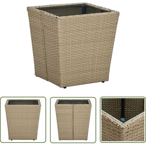 The Living Store Beistelltisch Beige 41,5x41,5x44 cm Poly Rattan und Hartglas - Gartentisch - Beistelltisch - Outdoor Möbel - Rattan Tisch - Balkontisch (1/5)