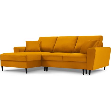 Canapé d'angle convertible + box 4 places en velours côtelé jaune (1/5)