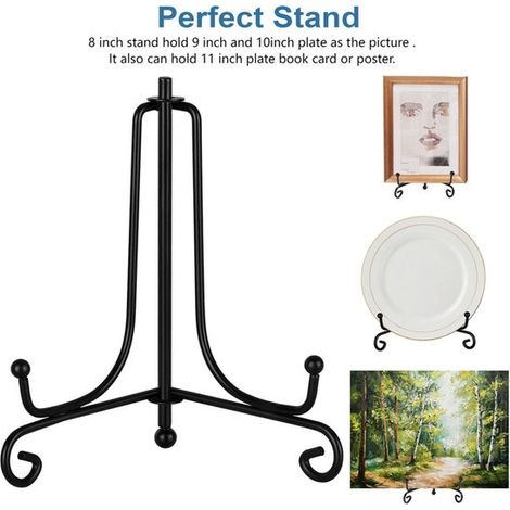 Lot de 2 supports réglables pour assiettes et cadres photo, fer forgé robuste, pliables, style vintage, 8 pouces, noir mat (1/5)