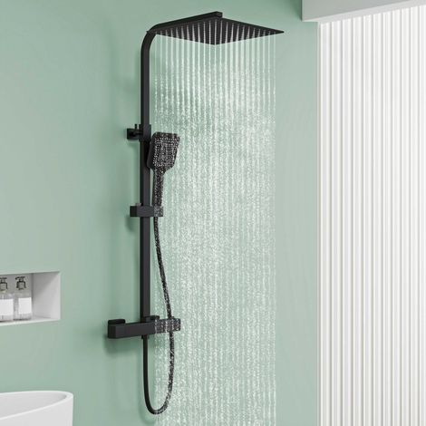 AICA Colonne de Douche Thermostatique - Set de Douche pour Salle de Bain - pommeau de douche 30x30 cm - corps en laiton - Réglable en Hauteur - Anti-Brûlure-Noir 1 (1/5)