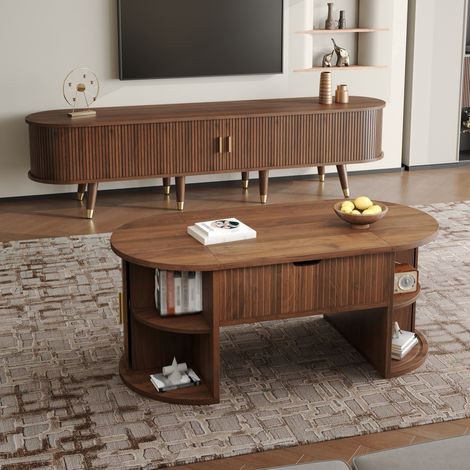 Ensemble Meuble TV 175 cm et Table Basse Relevable Noyer, Portes Coulissantes Cannelées, Pieds Bois et Poignées Dorées, Ensemble Salon Mid-Century Vintage (1/5)