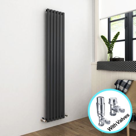 ELEGANT Vertical Radiator 1800 x 354mm Single Panel Designer Anthracite Oval Column Heating Rad with Chrome Thermostatic Radiator Valves (1/5)