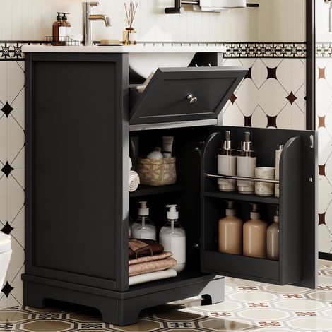 Meuble de Salle de Bain sur Pieds Hauts avec Vasque Intégrée 51x46x87 cm Noir - Meuble Sous Lavabo en MDF Laqué avec Tiroir et Étagères Réglables