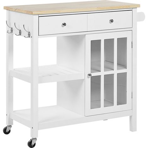 Carrito de cocina MDF blanco madera clara almacenamiento superior estantes cajones con ruedas estilo escandinavo Genoa