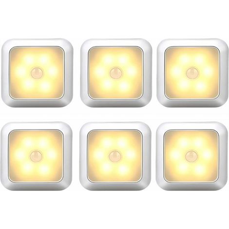 Lot de 6 lampes LED avec détecteur de mouvement - Blanc chaud - Veilleuse à piles - Capteur sans fil - Éclairage pour placards (1/5)
