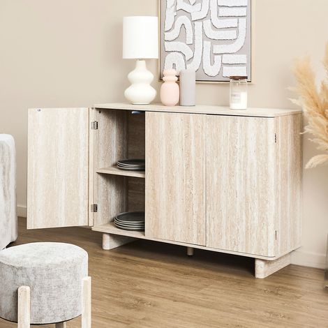 The Home Deco Factory – Buffet 3 portes effet pierre – Rangement élégant blanc et beige – Dimensions optimisées pour salon et salle à manger