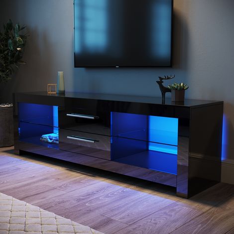 ELEGANT Black TV Stand Storage High Gloss TV Stand Cabinet Home Entertainment Unit TV Cabinet Table Sideboard with RGB Light 2 Shelf and 2 Drawer 1600mm (1/5)