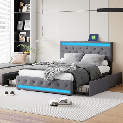 Lit double avec tiroirs, linge de lit gris foncé 160x200 cm, lampe de chevet USB et LED (1/5)