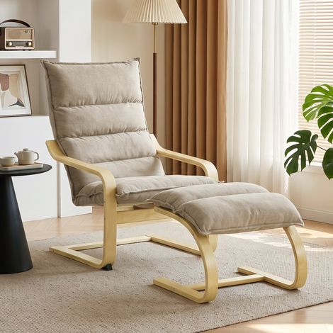 Fauteuil avec repose-pieds, revêtu de lin, à doux mouvement de bascule, dossier haut, accoudoirs et pieds en bois beige (1/5)