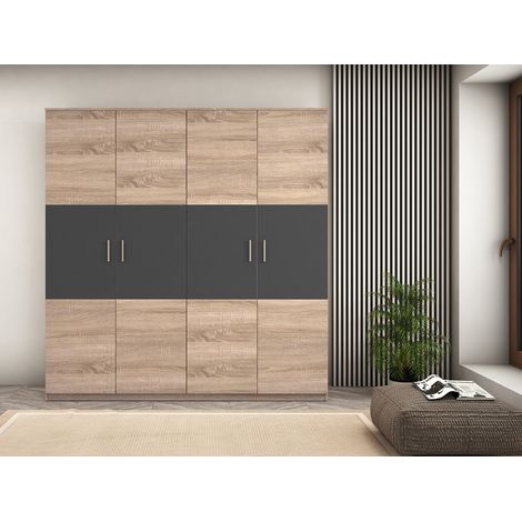 Pegane – Penderie en panneau mélaminé chêne cambrian/graphite – Dimensions 200 x 56 x 206 cm – 4 portes avec 2 rails de suspension (1/3)