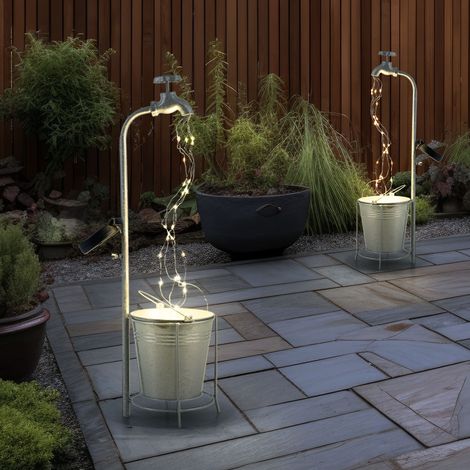 Solarlampe Wasserhahn 30x LED Gartendeko Außenlampe Terrassenlampe, Metall Kunststoff silber, warmweiß, LxH 17x62 cm, 2er Set