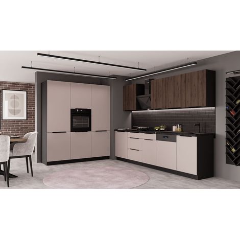 Küche ARONA + MONZA 280 + 180 cm Küchenzeile Küchenblock Einbauküche Kaschmir beige matt + Nußbaum + Schwarz matt (1/5)