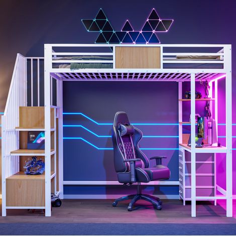 Hochbett modern aus Metall Weiß 90x200 cm mit Schreibtisch, Regalfächern, Kleiderstange, LED und Steckdose