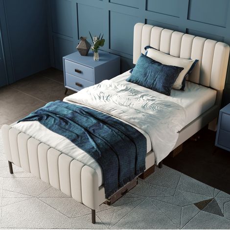 Lit enfant voiture 90 x 200 cm en flanelle beige, tête de lit réglable, sans matelas - CHICFURN (1/5)