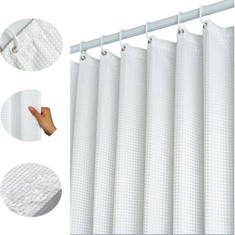 100x180CM (Blanc) Rideau de Douche Gaufre avec Anneaux en Métal Rideau de Douche Baignoire Anti Moisissure Tissu Rideau Salle de Bain Robuste pour Baignoire Cabine de Douche, Ourlet Lesté (1/5)