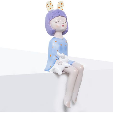 Blue Sitting Girl Resin Figur mit Ohren und Kaninchen 12X12X32CMPOUR Alle Stile, um zu Hause eine Note zu verleihen (1/5)