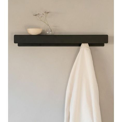 Appendiabiti moderno da parete con ganci e ripiano a scomparsa, appendiabiti di design in metallo, per montaggio su porta e parete, nero (1/4)