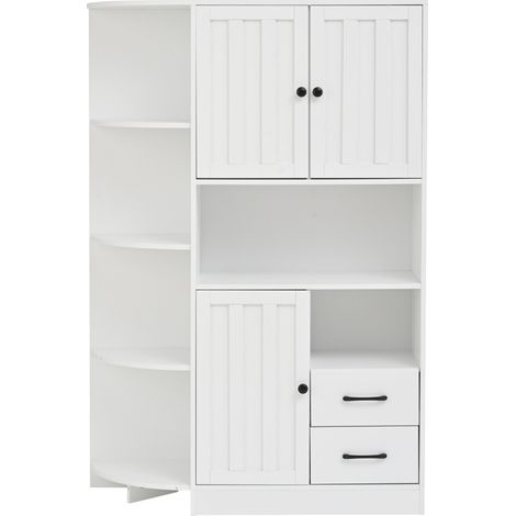 Meuble d’angle 104x35x155 cm – 14 espaces de rangement (3 portes + 2 tiroirs + 6 compartiments ouverts) – Bibliothèque + vitrine – Blanc (1/5)