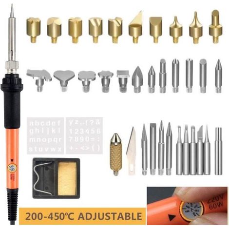 37 pcs Kit de Pyrogravure Température Réglable Gaufrage Fer à Souder 60W Pyrograveur Professionnel sur Bois Gravure Sculpture Bois (1/4)