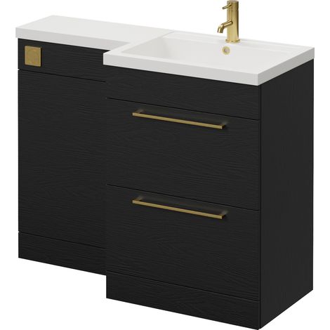 Napoli 460 Nero Oak 1100mm 2 Drawer Vanity Unit Toilet Suite with Right Hand Square Lucia Basin - 1100mm - Brushed Brass 320mm HandleWithout Kingston Toilet Pan