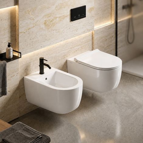 Set sanitari sospesi salvaspazio P. 50 cm bianco con scarico a vortice e copriwc Round Dolomite (1/5)