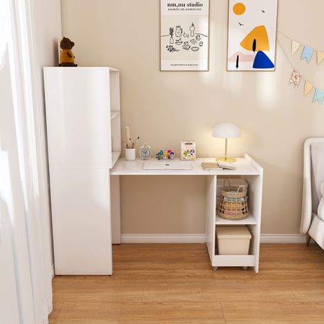 Bureau escamotable 126x55x136 cm 2-en-1 avec armoire de rangement, plateau coulissant sur roulettes, étagères réglables, MDF, blanc