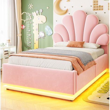 Lit coffre 90x200 en velours avec LED, tête de lit fleurie, cadre en métal, rose DESVIAE (1/5)