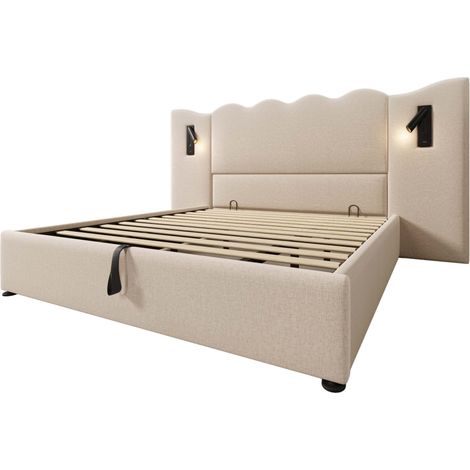 Cama con canapé doble 180x200 con lámpara de lectura y USB-C, beige de lino (1/5)