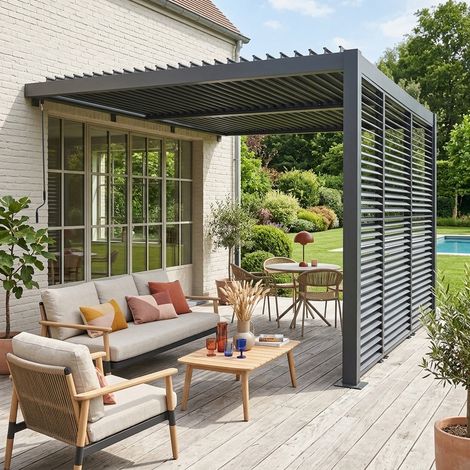 Pergola bioclimatique aluminium adossée 4x3m anthracite + 3 persiennes 130cm lames orientables Palace (1/4)