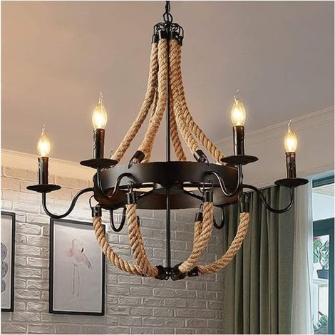 Plafonnier rustique style loft, suspension rétro en corde de chanvre, lustre industriel vintage pour table, cuisine ou salon, culot E14, 6 ampoules. (1/5)