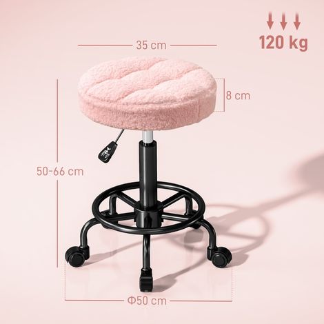 Tabouret de travail rose réglable, hauteur 50-66 cm, siège pivotant 360° à roulettes, parfait pour bureau, institut de beauté, massage et spa. (1/5)