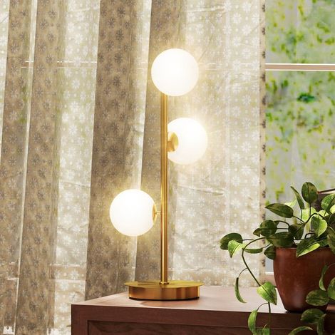 Lampe de chevet moderne avec 3 abat-jours globe, base en acier et douilles G9, hauteur 53 cm, finition laiton – ACKERMAN (1/5)