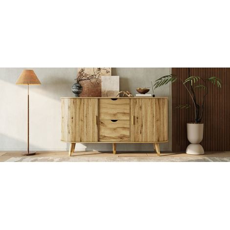 Buffet salon à deux portes coulissantes veinage vertical deux tiroirs jambes en bois massif caisson d’angle arrondi (1/2)
