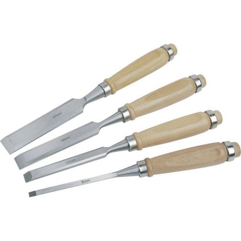 – Ciseaux à bois 4 pces – Largeur lame 6/12/18/24 mm – Forgés avec manches vernis – Pour bois dur et teck (1/3)