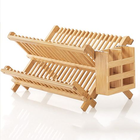 Égouttoir à Vaisselle Pliant 2 Niveaux - En Bambou Naturel - Support pour Assiettes, Verres et Ustensiles - Bac d'Égouttage Amovible - 41 x 24,5 x 25 cm (1/5)