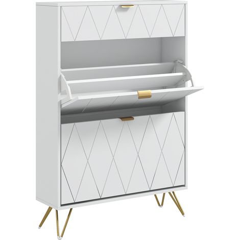 Two Flip Drawer Narrow Shoe Cabinet White (1/5)