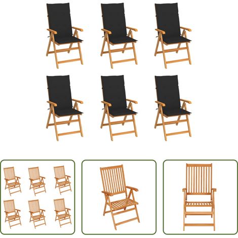 Chaise de jardin teck - Chaises de jardin lot de 6 avec coussins noir Bois teck massif (1/5)