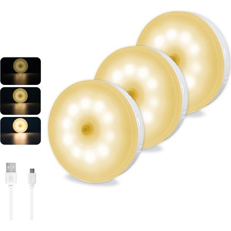 Lot de 3 détecteurs de mouvement LED 0,5 W à intensité variable Blanc chaud 3000 K 10 LED Rechargeable par USB Veilleuse Détecteur de mouvement magnétique pour escaliers, couloirs, armoires (1/5)