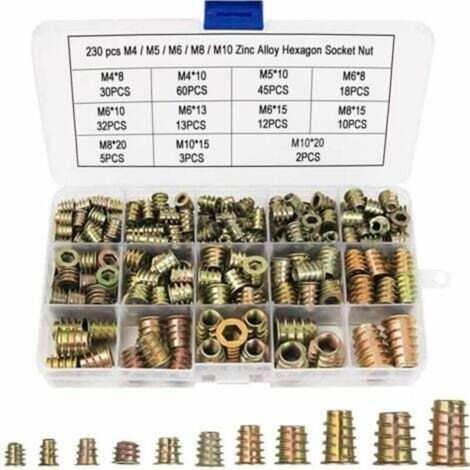 230 Pcs Écrous Hexagonaux M4 M5 M6 M8 M10 avec Inserts Filetés, Alliage de Zinc Insert Fileté Hexagonale Écrous Inserts, pour Meubles en Bois, avec Boîte en Plastique-- (1/4)