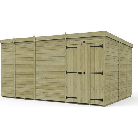 13ft x 9ft Pent Garden Shed Double Door With Windows - Pressure Treated Timber - L396 x W274 x H210 cm - Natural