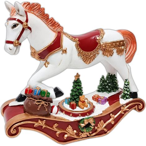 Statuetta cavallo a dondolo con movimento, luci e musica per decorazioni natalizie (1/2)