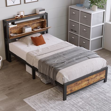 Lit adulte Lit double Lit métal 90x200 cm avec tête de lit rangement et sommier à lattes, noir et naturel